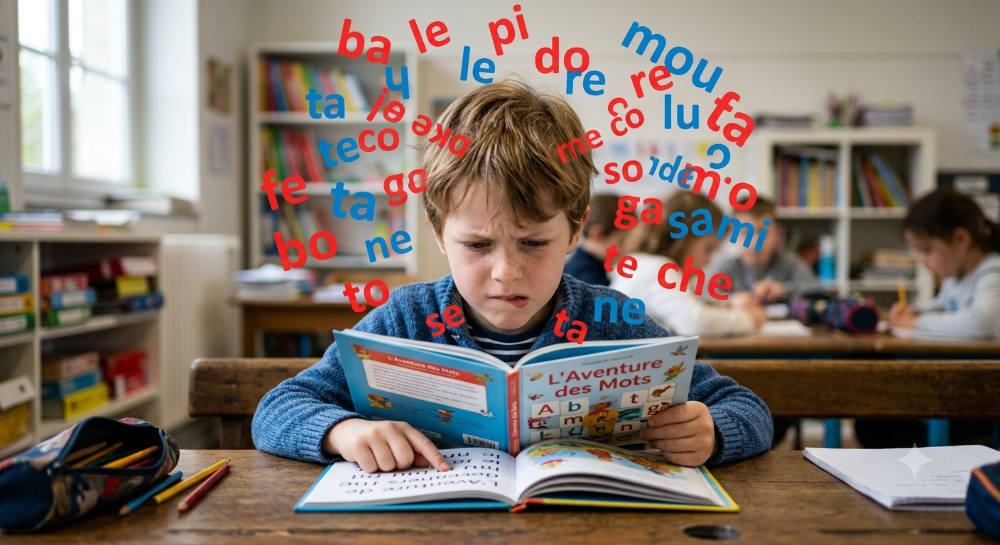 Enfant dyslexique et dysorthographique concentré sur un exercice de lecture, accompagné par un parent bienveillant