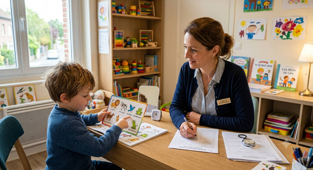 Orthophoniste réalisant un bilan du langage écrit avec un enfant, évaluant la lecture et l'orthographe